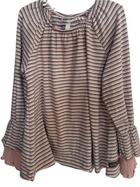 Matilda Jane Girls Size 8 Striped Long Sleeve Top Pink Gray Ruffle Sleeve